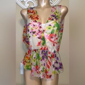 Express women’s shirt Medium top blouse peplum floral layered flowy cream green